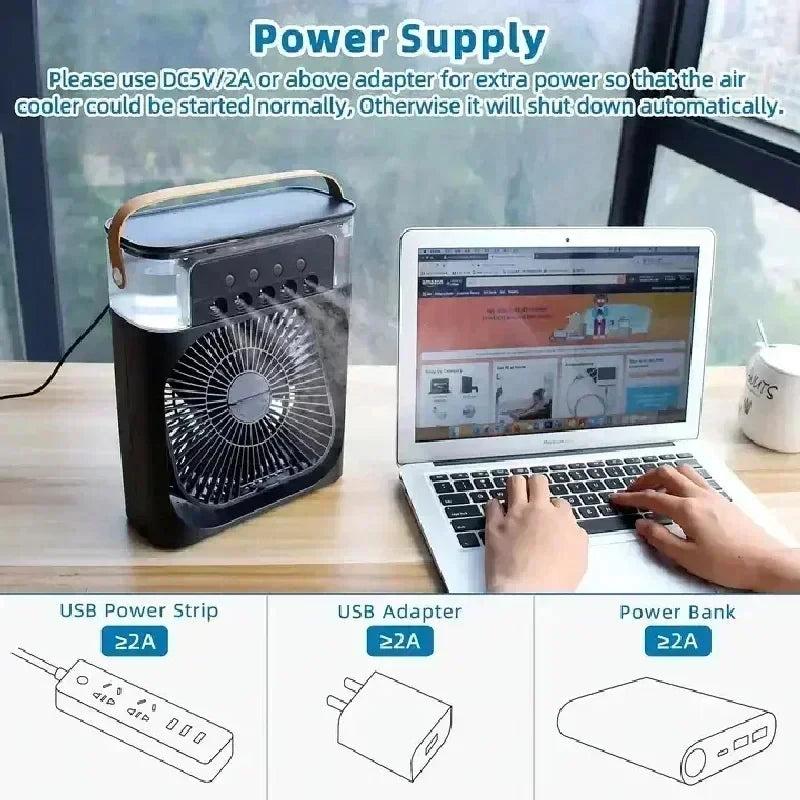 Mini Ventilador 3 en 1 con Humidificador y Luz LED