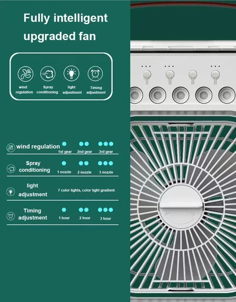 Mini Ventilador 3 en 1 con Humidificador y Luz LED