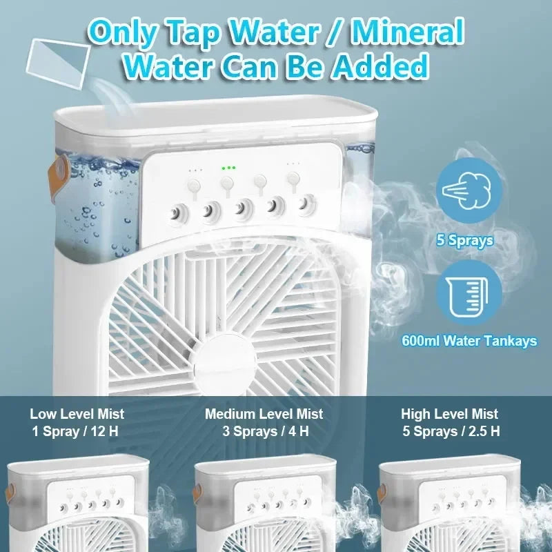 Mini Ventilador 3 en 1 con Humidificador y Luz LED