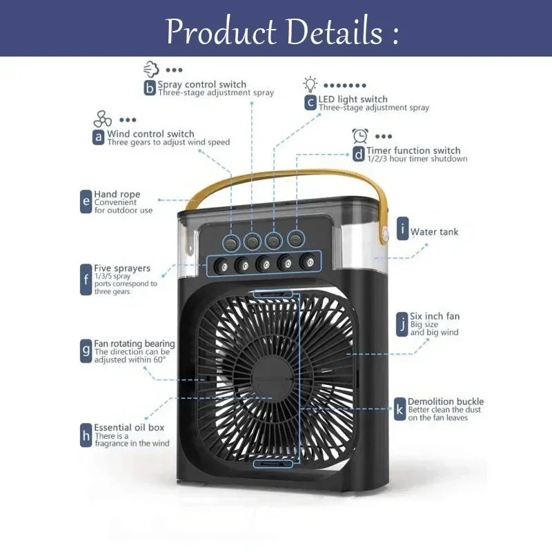 Mini Ventilador 3 en 1 con Humidificador y Luz LED