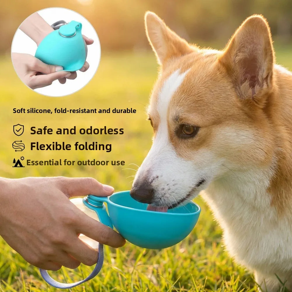 Botella dispensadora de comida para perros de 285 ml a prueba de fugas, bebedero portátil 2 en 1 de acero inoxidable y silicona, ligero, ideal para viajes.