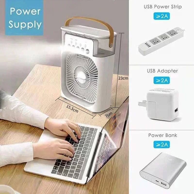 Mini Ventilador 3 en 1 con Humidificador y Luz LED