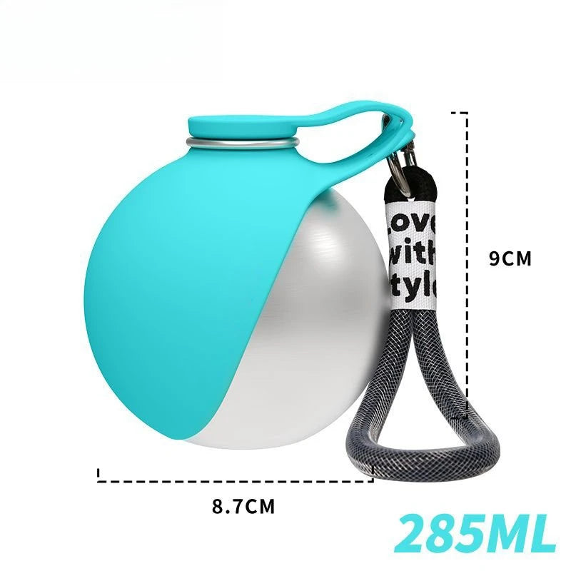 Botella dispensadora de comida para perros de 285 ml a prueba de fugas, bebedero portátil 2 en 1 de acero inoxidable y silicona, ligero, ideal para viajes.